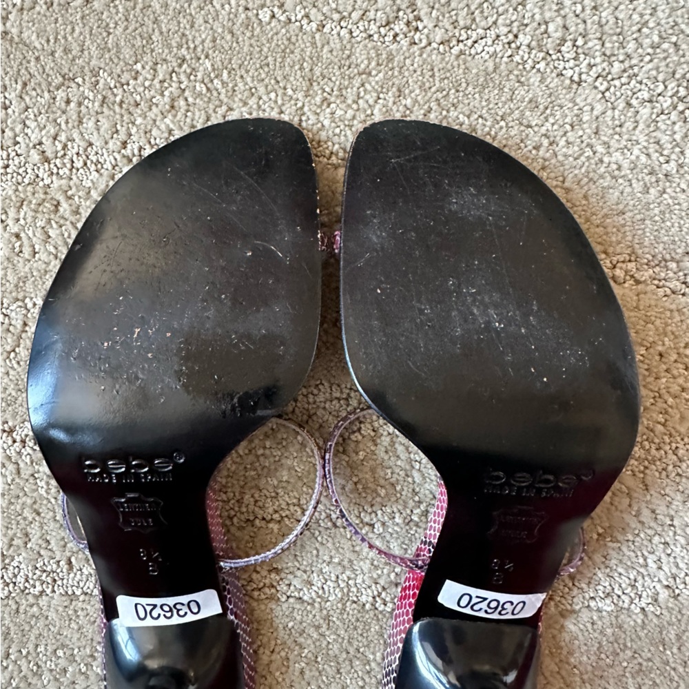 Bebe Leather Snake Print T Strap Slip On High Heel Sandal Y2K Purple Pink Sz 8.5 - Picture 12 of 16